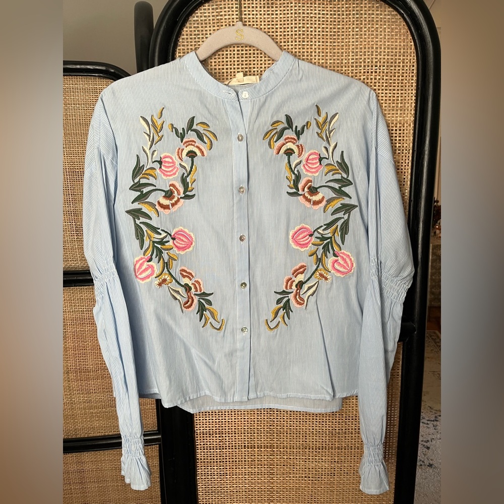 Blue and white striped embroidered button down